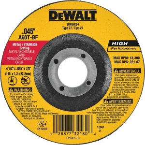 (image for) DEWALT DW8424 Cutting Wheel, 4-1/2 in Dia, 0.045 in Thick, 7/8 in Arbor, 60 Grit, Medium, Aluminum Oxide Abrasive