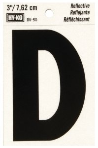 (image for) Hy-Ko RV-50/D Reflective Letter, 2-1/2 in W x 4 in H Dimensions, Character: D, 3 in H Character, Black Character, Vinyl
