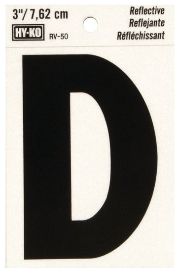 (image for) Hy-Ko RV-50/D Reflective Letter, 2-1/2 in W x 4 in H Dimensions, Character: D, 3 in H Character, Black Character, Vinyl