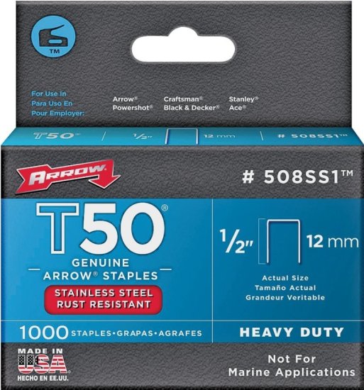 (image for) Arrow T50 Series 508SS1 Staple, 3/8 in W Crown, 1/2 in L Leg