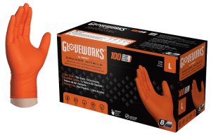 (image for) Gloveworks GWON46100 Heavy-Duty Disposable Gloves, L, Nitrile, Powder-Free, Orange, 9-1/2 in L