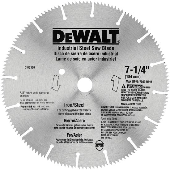 (image for) DEWALT DW3330 Saw Blade, 7-1/4 in Dia, 5/8 in Arbor, 16-Teeth, Steel Cutting Edge, Applicable Materials: Metal