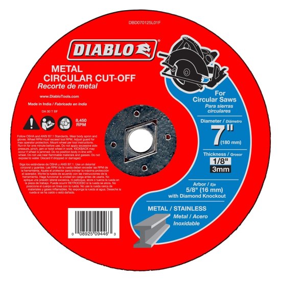 (image for) Diablo DBD070125L01F Cut-Off Wheel, 7 in Dia, 1/8 in Thick, Aluminum Oxide Abrasive, 5/8 in Arbor