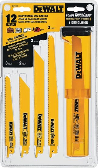 (image for) DEWALT DW4892 Reciprocating Saw Blade Set, 12-Piece, Bi-Metal, Yellow