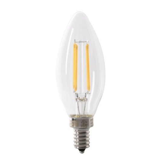 (image for) Feit Electric BPCTC40/950CA/FIL/2 LED Bulb, Decorative, 300 Lumens, 3.3 W, B10 Lamp, 40 W Equivalent, E12 Lamp Base