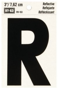 (image for) Hy-Ko RV-50/R Reflective Letter, 2-1/2 in W x 4 in H Dimensions, Character: R, 3 in H Character, Black Character, Vinyl