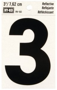 (image for) Hy-Ko RV-50/3 Reflective Sign, Character: 3, 3 in H Character, Black Character, Silver Background, Vinyl
