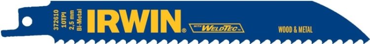 (image for) Irwin 372610 Reciprocating Saw Blade, 2 in W, 6 in L, 10 TPI, Bi-Metal Cutting Edge