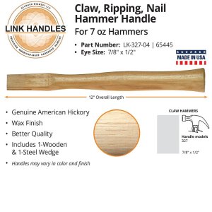 (image for) Link Handles 65445 Claw Hammer Handle, 12 in L, American Hickory, For: 7 oz Hammers