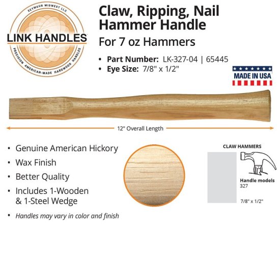 (image for) Link Handles 65445 Claw Hammer Handle, 12 in L, American Hickory, For: 7 oz Hammers