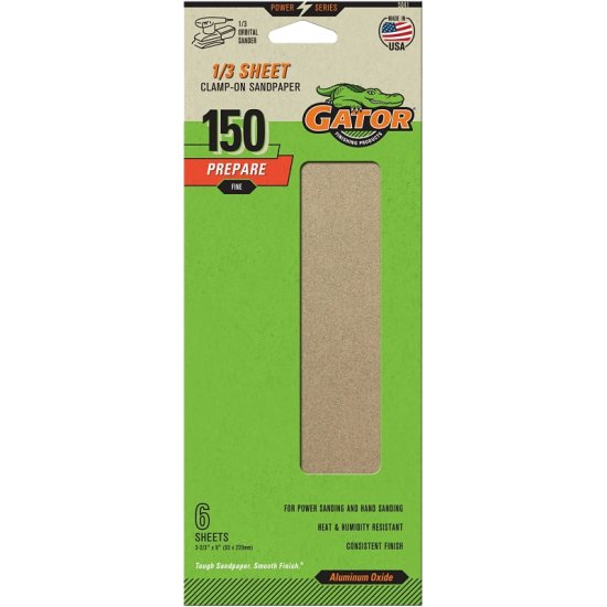 (image for) Gator 5041 Sanding Sheet, 3-2/3 in W, 9 in L, 150 Grit, Fine, Aluminum Oxide Abrasive, Paper Backing