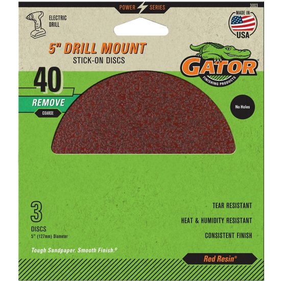 (image for) Gator 3003 Sanding Disc, 5 in Dia, 40 Grit, Extra Coarse, Aluminum Oxide Abrasive, Paper Backing