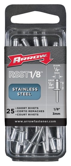 (image for) Arrow RSST1/8 Pop Rivet, Short, 1/8 in Grip, 1/8 in L, Stainless Steel, 25/PK