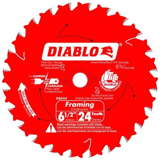 (image for) Diablo D0624A Framing Trim Saw Blade, 6-1/2 in Dia, 5/8 in Arbor, 24-Teeth, Carbide Cutting Edge