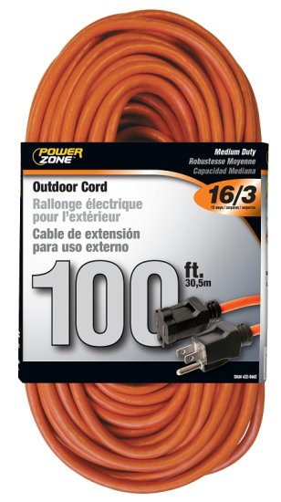 (image for) PowerZone OR501635 Extension Cord, 16 AWG Cable, 5-15P Grounded Plug, 5-15R Grounded Receptacle, 100 ft L, 125 V