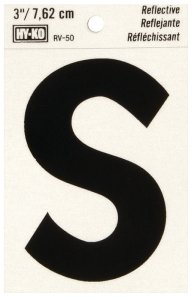 (image for) Hy-Ko RV-50/S Reflective Letter, 2-1/2 in W x 4 in H Dimensions, Character: S, 3 in H Character, Black Character, Vinyl