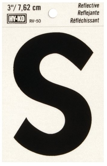 (image for) Hy-Ko RV-50/S Reflective Letter, 2-1/2 in W x 4 in H Dimensions, Character: S, 3 in H Character, Black Character, Vinyl