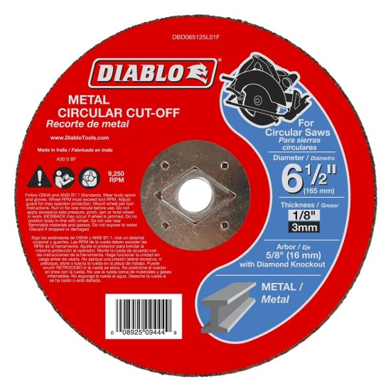 (image for) Diablo DBD065125L01F Cut-Off Wheel, 6-1/2 in Dia, 1/8 in Thick, 5/8 in Arbor, Aluminum Oxide Abrasive