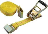 (image for) ProSource FH64065 Tie-Down, 2 in W, 27 ft L, Polyester Webbing, Metal Ratchet, Yellow, 3333 lb, Flat Hook End Fitting