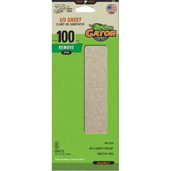 (image for) Gator 5042 Sanding Sheet, 3-2/3 in W, 9 in L, 100 Grit, Medium, Aluminum Oxide Abrasive, Paper Backing