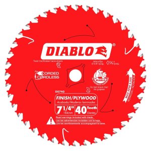 (image for) Diablo D0740X Circular Saw Blade, 7-1/4 in Dia, 5/8 in Arbor, 40-Teeth, Carbide Cutting Edge, Super Thin Kerf Teeth