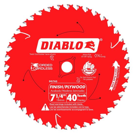 (image for) Diablo D0740X Circular Saw Blade, 7-1/4 in Dia, 5/8 in Arbor, 40-Teeth, Carbide Cutting Edge, Super Thin Kerf Teeth