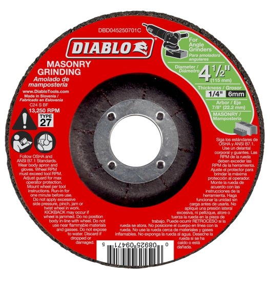 (image for) Diablo DBD045250701C Grinding Wheel, Applicable Materials: Cement, Cinder, Paver Stone, 4-1/2 in Dia, 1/4 in Thick
