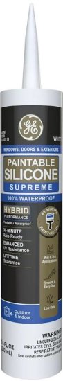 (image for) GE Paintable Silicone Supreme 2733730 Window & Door Sealant, White, 24 hr Curing, 9.5 fl-oz Cartridge