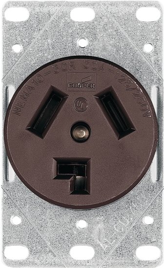 (image for) Eaton Cooper Wiring 38B-BOX Power Receptacle, 3 -Pole, 125/250 V, 30 A, NEMA: NEMA 10-30R, Brown
