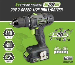 (image for) Genesis GLCD2012B Drill Driver, Battery Included, 20 V, 2 Ah, 1/2 in Chuck, Ratcheting Chuck