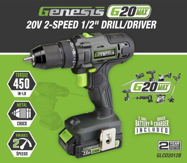 (image for) Genesis GLCD2012B Drill Driver, Battery Included, 20 V, 2 Ah, 1/2 in Chuck, Ratcheting Chuck