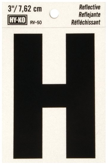 (image for) Hy-Ko RV-50/H Reflective Letter, 2-1/2 in W x 4 in H Dimensions, Character: H, 3 in H Character, Black Character, Vinyl